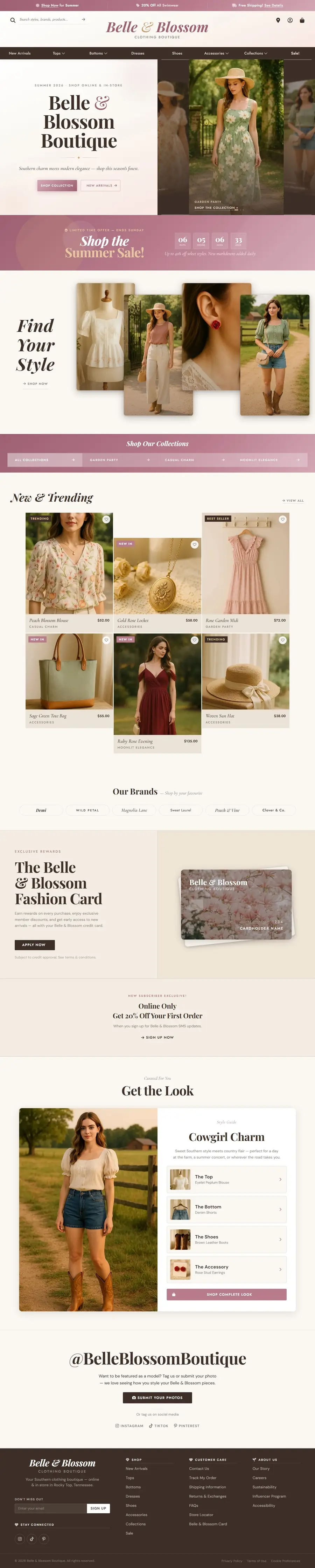 Full-page screenshot of the Belle & Blossom Boutique e-commerce site