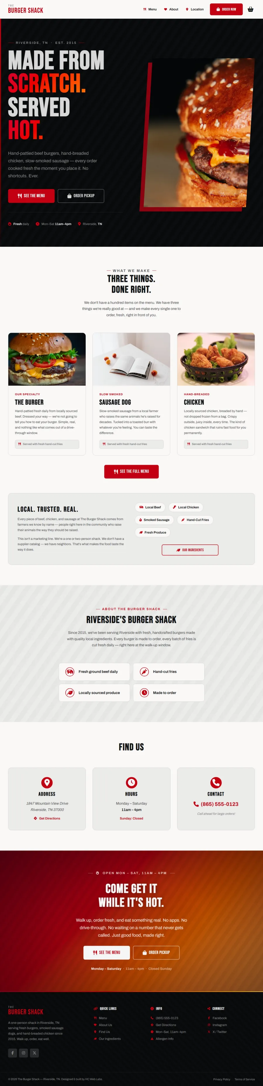Full-page screenshot of The Burger Shack website