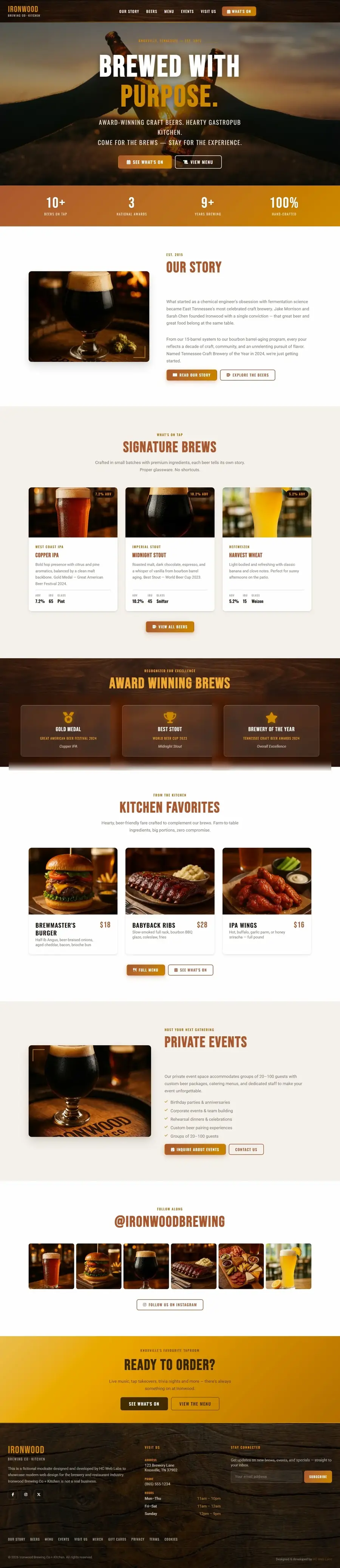 Full-page screenshot of the Ironwood Brewing Co + Kitchen website