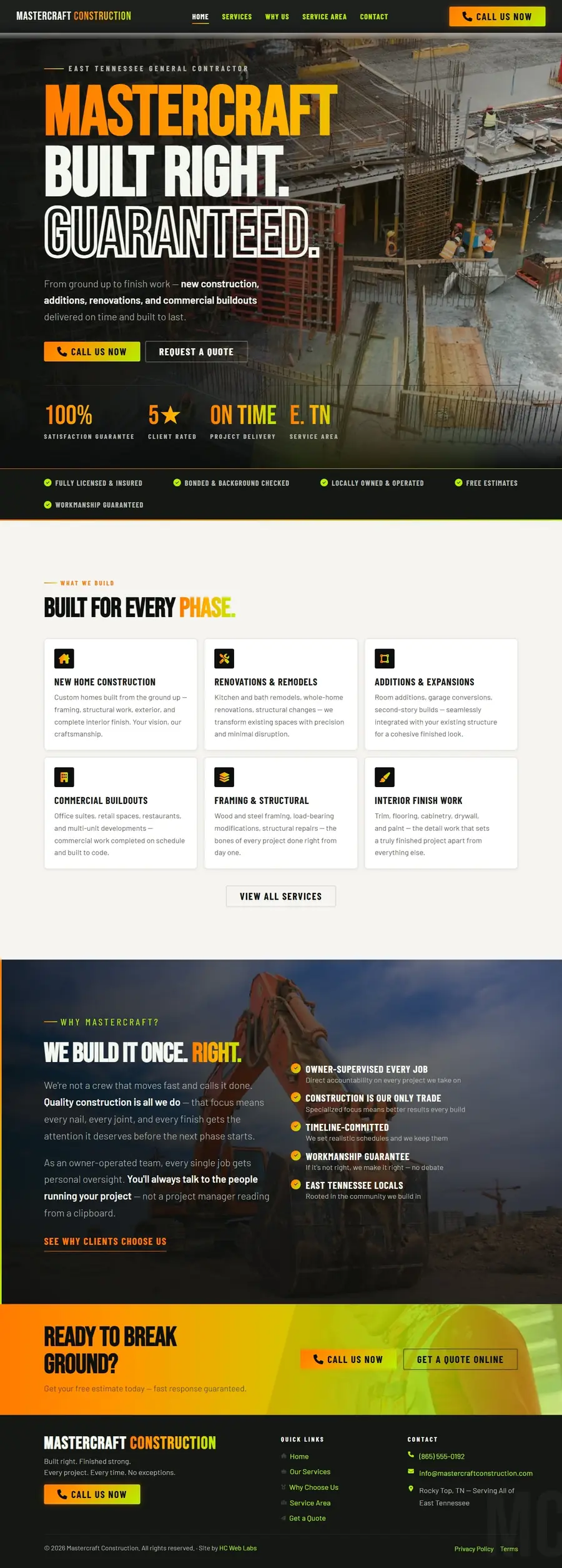 Full-page screenshot of the Mastercraft Construction website