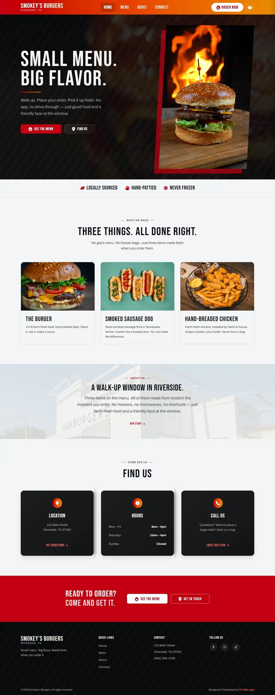 Full-page screenshot of the Smokey's Burgers website
