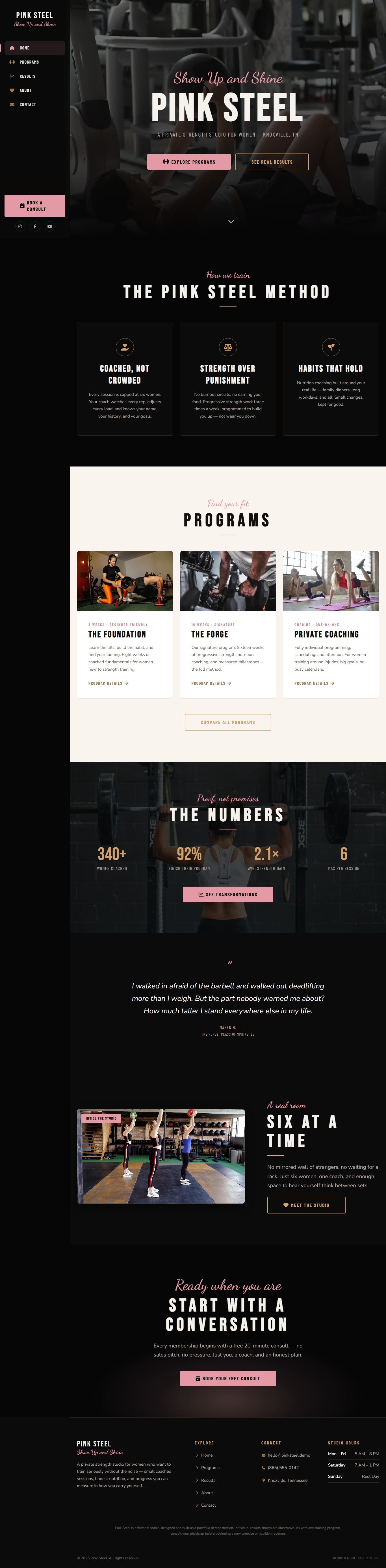 Full-page screenshot of the Pink Steel fitness studio website