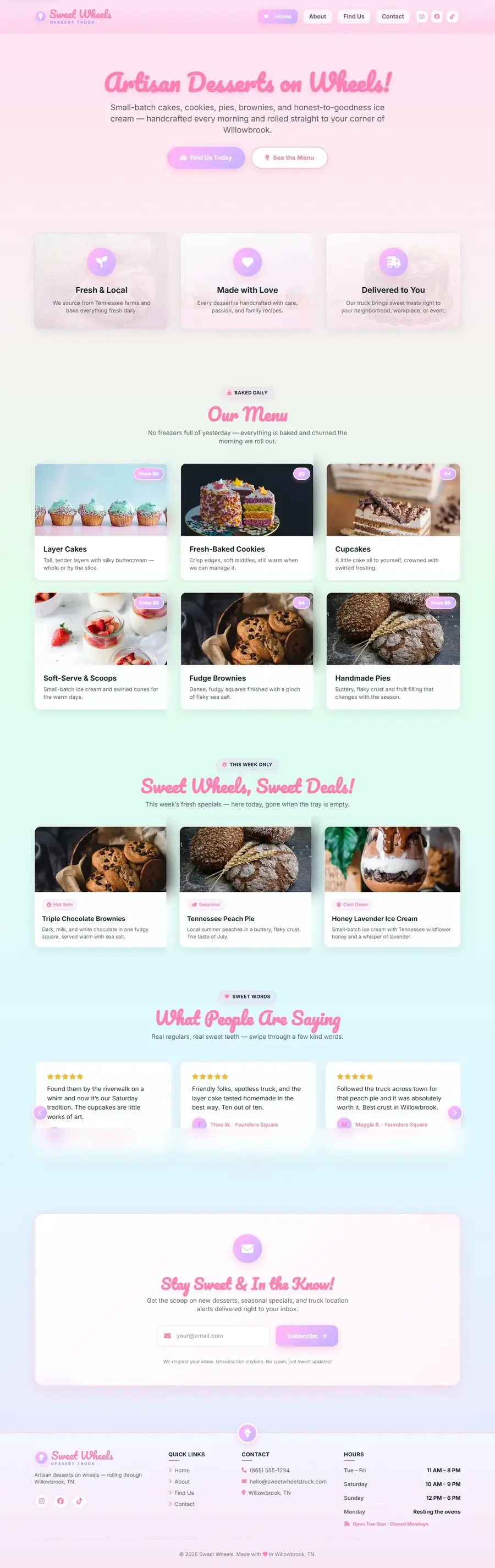 Full-page screenshot of the Sweet Wheels dessert truck website