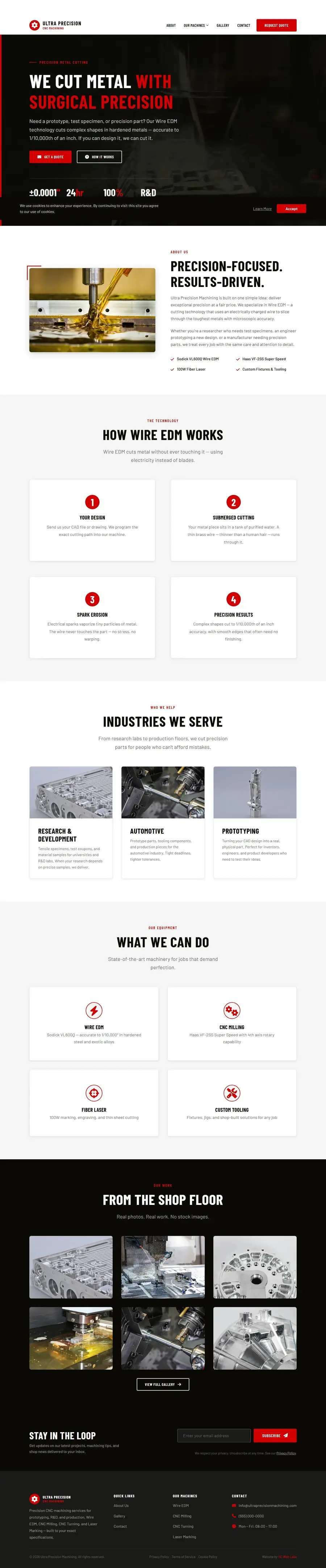 Full-page screenshot of the Ultra Precision Machining website