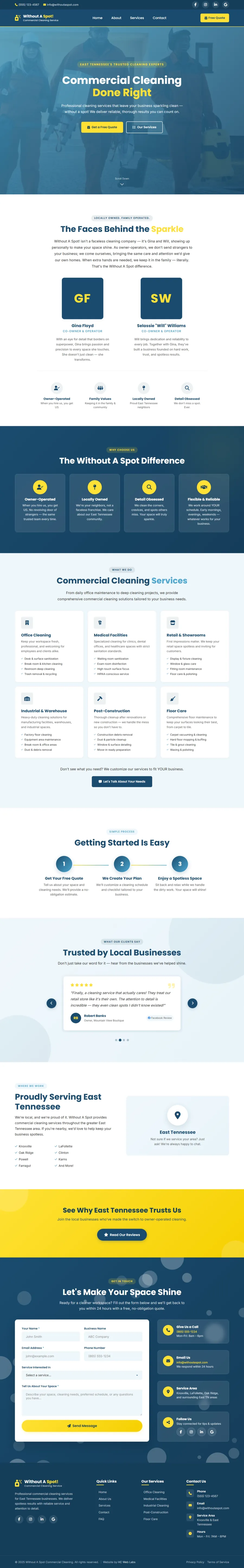 Full-page screenshot of the Without A Spot commercial cleaning website