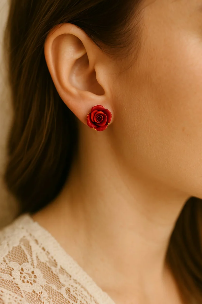 Rose Stud Earrings — red rose colorway
