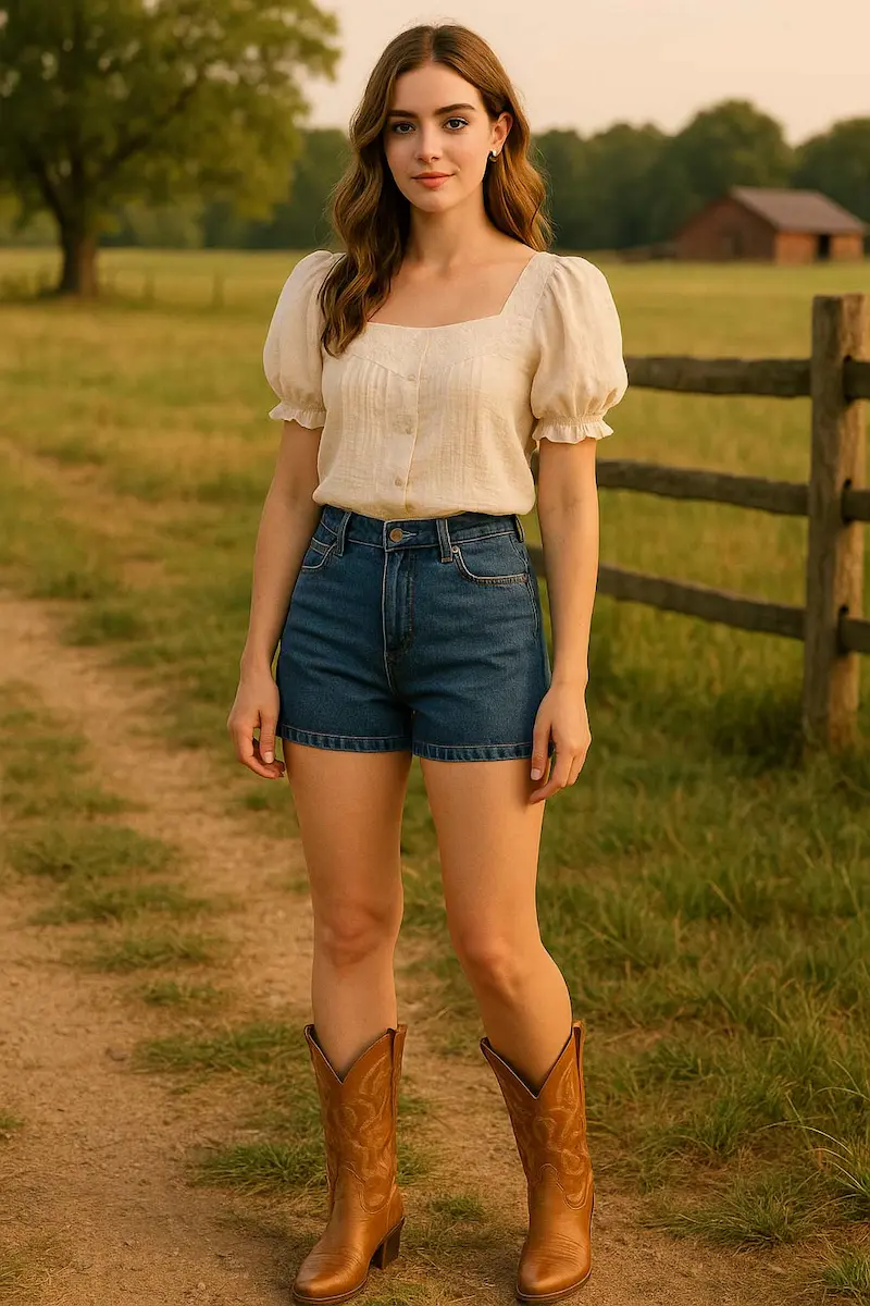 Model wearing the Cowgirl Charm look — puff sleeve blouse, denim shorts, brown leather boots and rose earrings