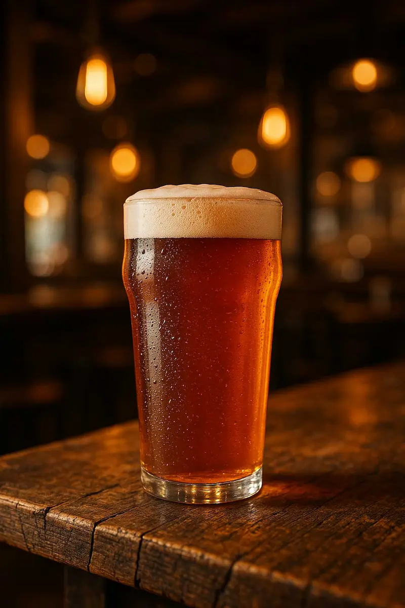 Copper IPA in a pint glass with amber hues