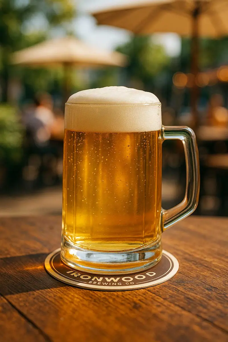 Ironwood Lager in a pilsner glass, pale golden and crystal clear