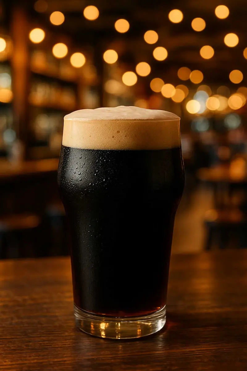 Barrel Char Porter in a pint glass, dark brown with ruby highlights