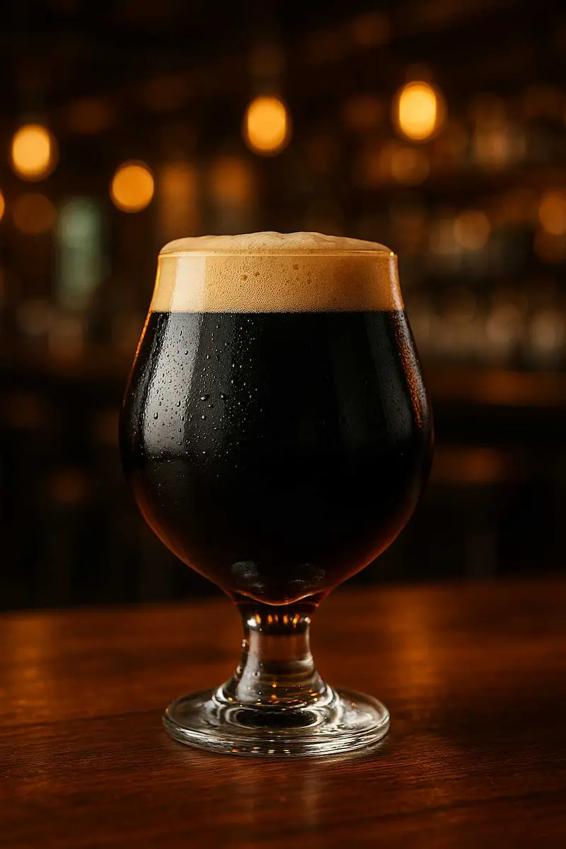 Midnight Stout in a snifter glass, dark and rich