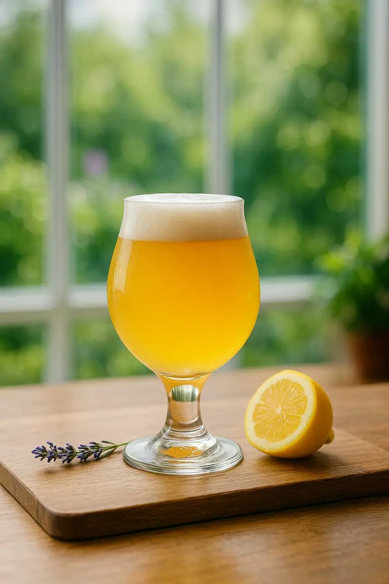 Haze Patrol NEIPA in a tulip glass, opaque and golden orange