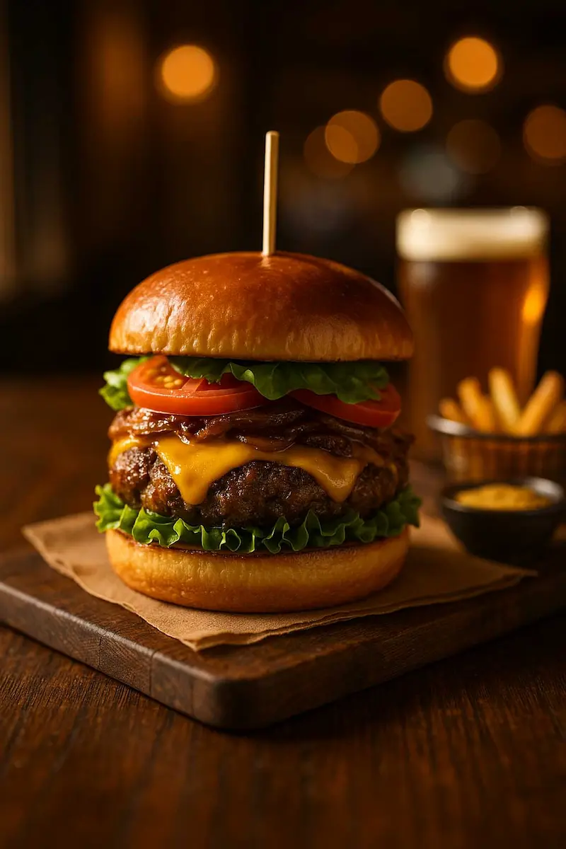 Brewmaster's Burger — half-pound Angus beef with beer-braised onions